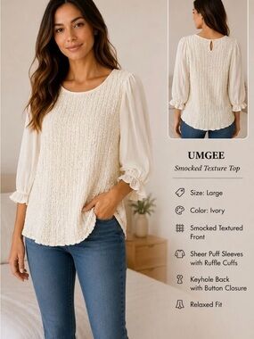 UMGEE Ivory Smocked Front Blouse with Sheer Puff Sleeves